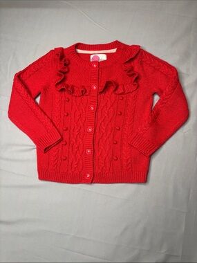 Mini Boden Bright Red Ruffle Cable Cardigan Size 5 6